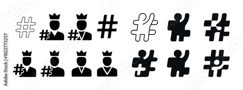 Diverse hashtag and crown icons in black and white