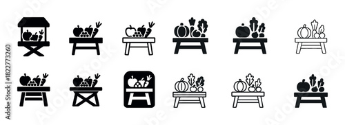 Variety of black and white vegetable market icons on stand