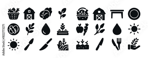 Farm and dining icons: agriculture, food, and sustainability symbols in black silhouette