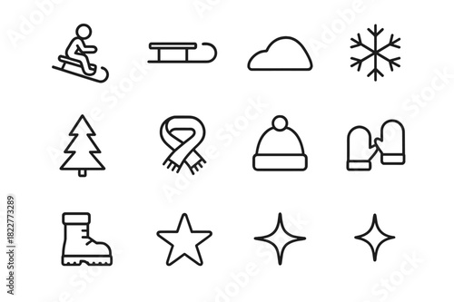 Holiday Sledding Icons. Holiday Sledding Fun. Line outline icon set of Holiday Sledding Fun: person on sled,