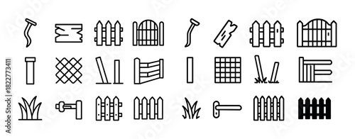 Assorted fence and gate icons in black outline style