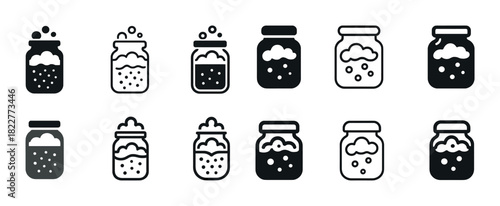 Set of black and white jar icons with bubbles