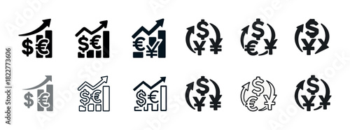 Currency exchange trends: dollar, euro, yen icons with arrows