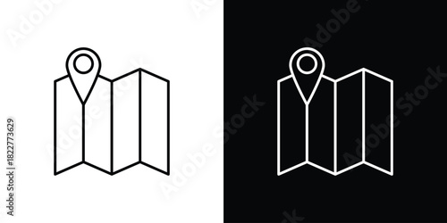 Map icon outline set in black and white. thin line style.