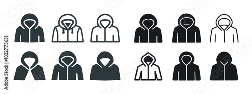 Collection of various hoodie icon styles in black and white