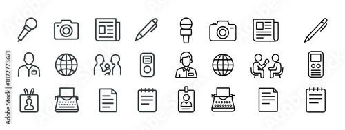 Outline icons of communication tools and office equipment