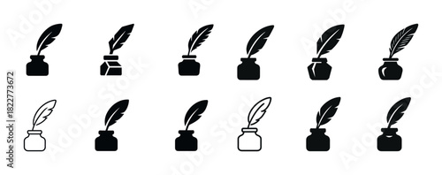 Set of feather quill and ink pot icons in various styles and designs