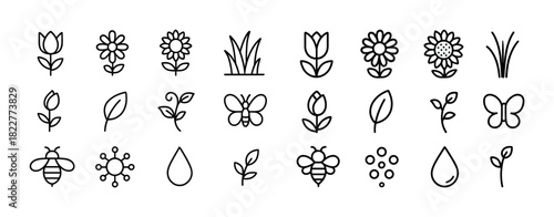 Black and white floral icon set with flowers, leaves, butterflies, bees