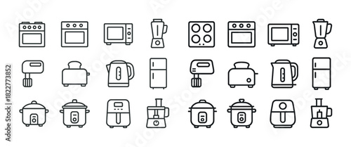 Kitchen appliance icons set: oven, microwave, blender, toaster, kettle, fridge, mixer, slow cooker, food processor