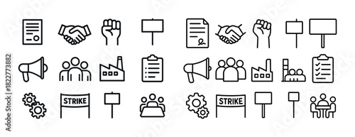 Icons of strike, protest, and agreement featuring megaphone and factory symbols