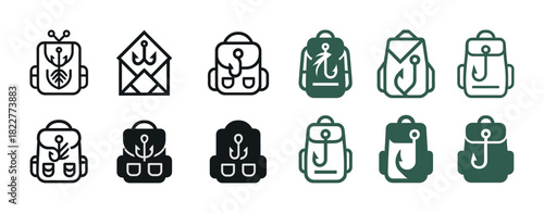 Fishing backpack icons: hook and envelope designs in black and green