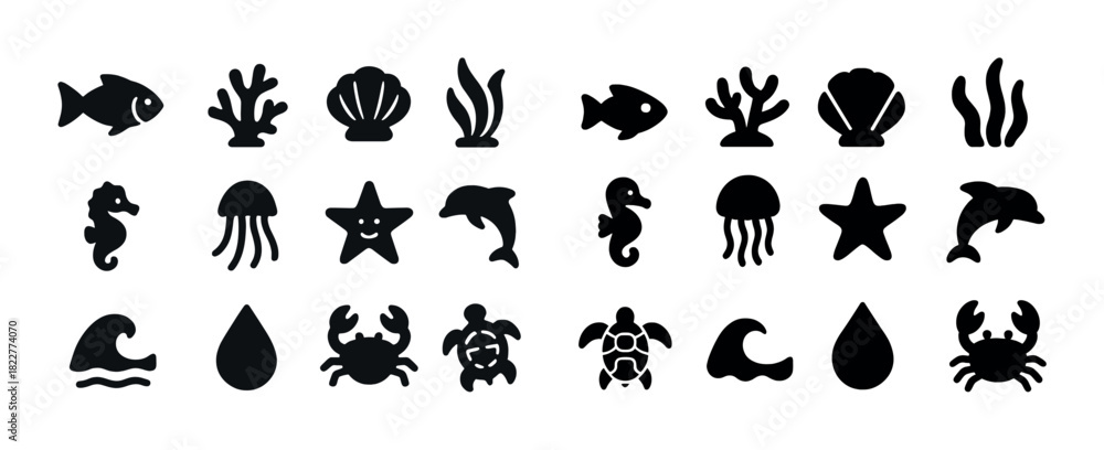 Naklejka premium Marine icons collection: fish, coral, seashell, seaweed, seahorse, jellyfish, starfish, dolphin, crab