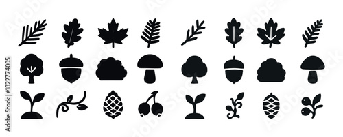 Nature silhouettes: leaves, trees, acorns, mushrooms, and forest elements
