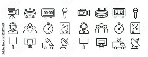 Sports icons set: stadium, microphone, stopwatch, satellite dish, basketball hoop