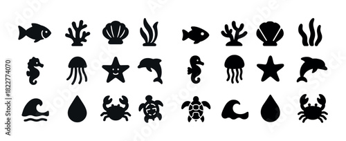 Marine icons collection: fish, coral, seashell, seaweed, seahorse, jellyfish, starfish, dolphin, crab