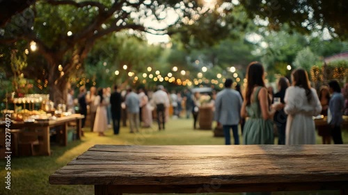 Elegant outdoor wedding reception with string lights and a rustic table