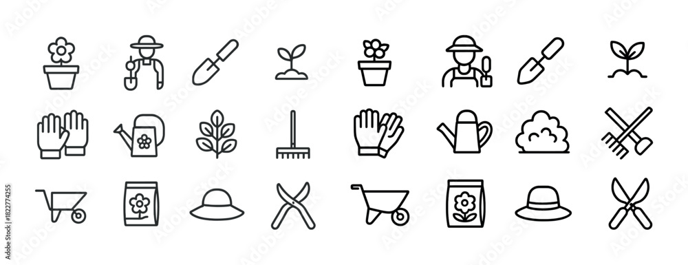 Naklejka premium Gardening icons collection: tools, plants, and activities