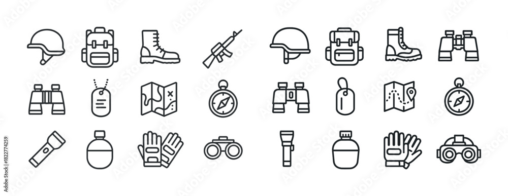Fototapeta premium Military equipment icons: helmet, backpack, boots, binoculars, dog tags, map, compass