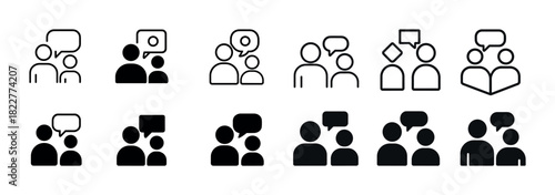 Black and white icons of people in conversation