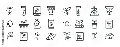 Collection of linear plant icons illustrating growth and cultivation