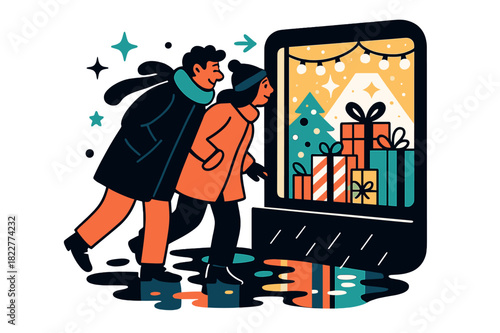 Holiday Window Shopping. Window shopping at night. A couple in warm coats gazing into a glowing shop window