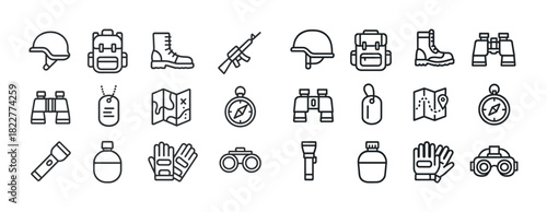 Military equipment icons: helmet, backpack, boots, binoculars, dog tags, map, compass