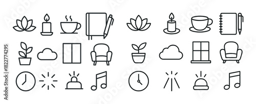 Minimalist icon set: nature, home, music, and relaxation elements