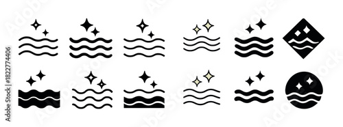 Variety of water wave and sparkle icons in black and white