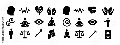 Silhouette icons of mindfulness and wellbeing: meditation, balance, health, and awareness