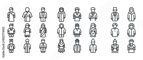 Diverse cultural outfits: icon set of traditional costumes from around the world