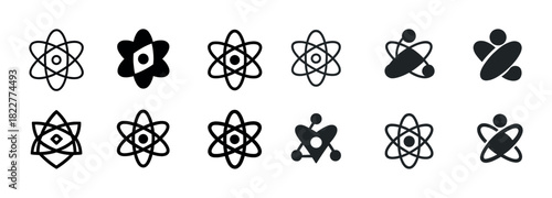 Collection of atomic icon designs in black and white variations
