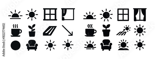 Set of black weather, interior, and coffee icons