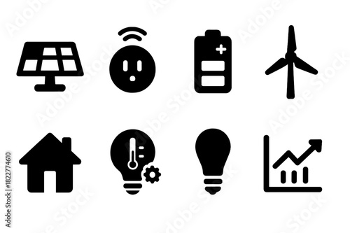 Home Sustainability Icons. Home Sustainability. Filled icon set of Home Sustainability: solar panel, smart