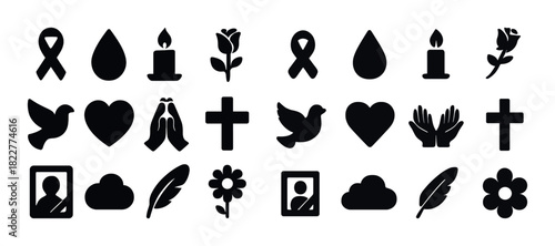 Collection of memorial and religious symbols in black silhouette