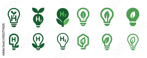 Green hydrogen energy icons: sustainable light bulb and leaf designs