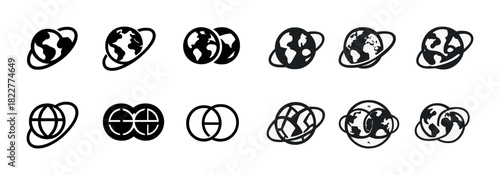 Set of twelve earth icon designs in black and white
