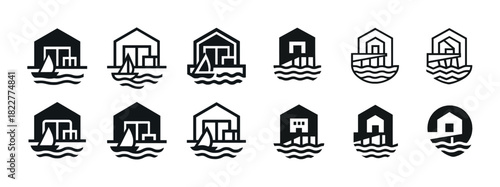 Marine house icons: nautical building logos with boats and waves