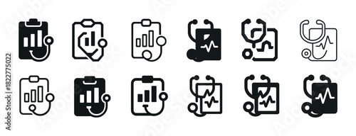 Medical icons set: clipboards and stethoscopes in various styles and shapes