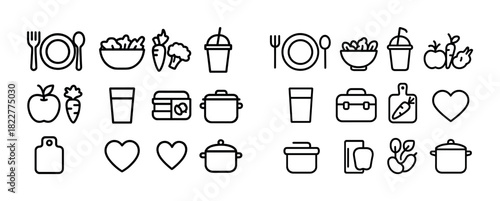 Minimalist kitchen icons set: tools, produce, and utensils outline