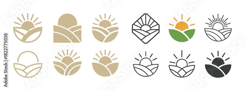 Abstract sun and field icons: minimalist nature design collection
