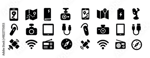 Set of black icons representing gps devices, cameras, maps, and technology accessories