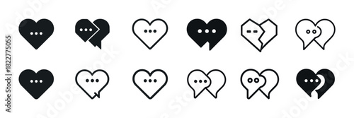 Heart and speech bubble icons set: communication and emotions