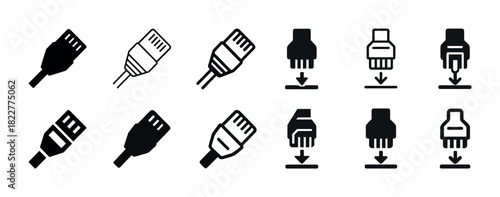 Usb cable icons set: connection and download symbols in different styles