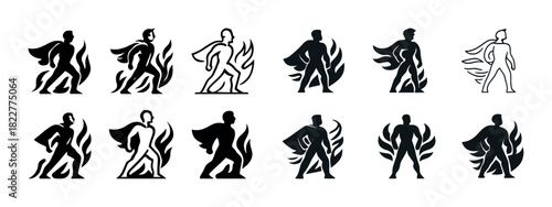Dynamic superhero silhouettes with capes and flames