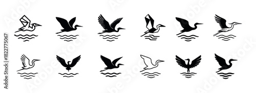 Collection of stylized bird silhouettes in flight over water