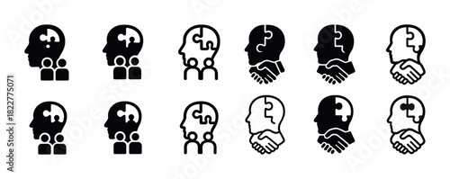 Black and white puzzle head icon set with collaboration and connection themes