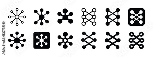 Set of twelve minimalist network icons in black and white design