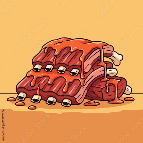 Cartoon Barbecue Ribs Illustration with Glossy Sauce and Warm Minimal Background