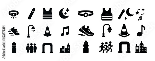 Running and fitness icons: sneakers, reflective vests, hydration, music, group exercise