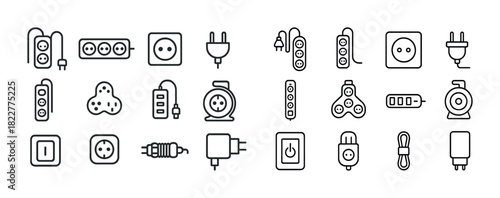 Assorted electrical outlets and plugs icons set in simple line art style